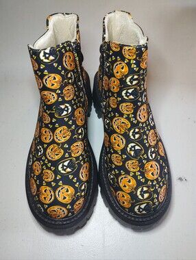 Black Pumpkin Jack-O-Lantern Chunky Chelsea Platform Ankle Boots Halloween US 6